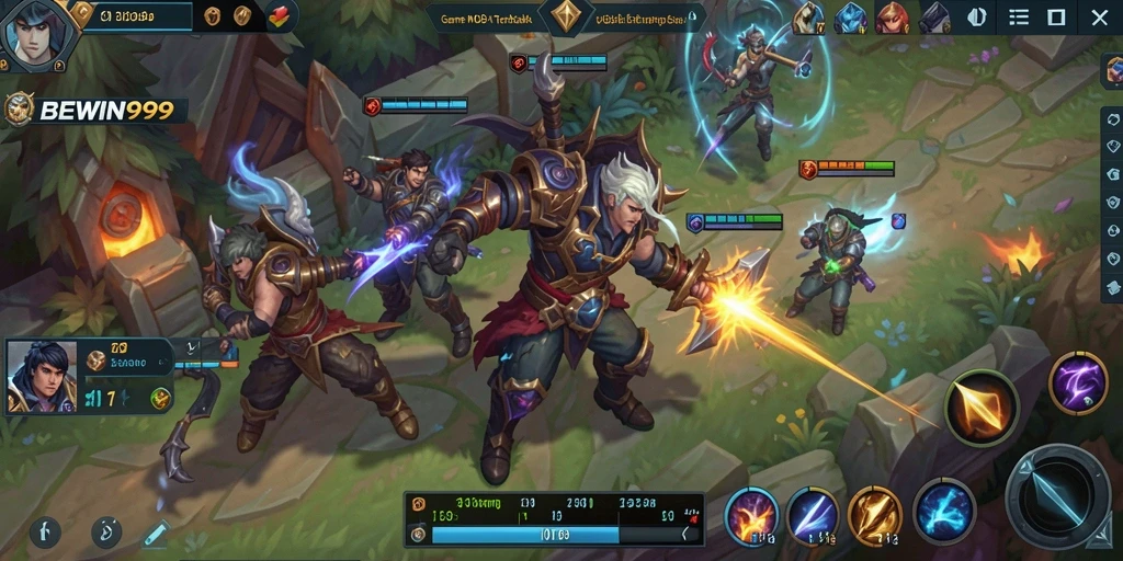 Tangkapan layar utama BEWIN999 menampilkan aksi pertarungan MOBA yang intens.