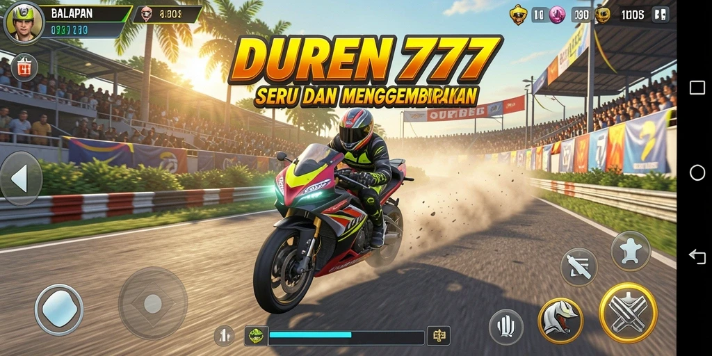 Screenshot DUREN777 menampilkan aksi balapan motor yang mendebarkan.