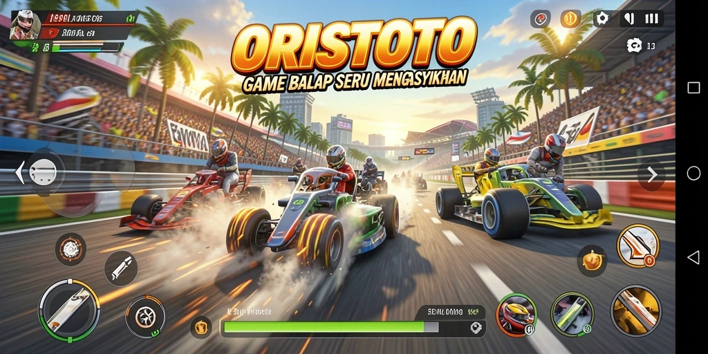 Tampilan gameplay ORISTOTO yang mendebarkan saat balapan di trek yang menantang.