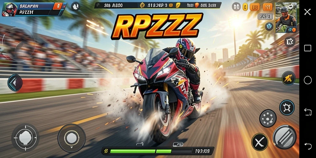 Gameplay seru RPZZZ dengan balapan motor yang menantang.